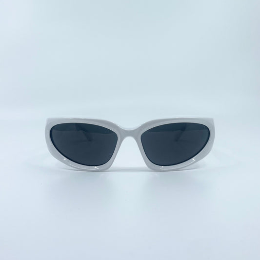 White, oval, futuristic wrap around sunglasses